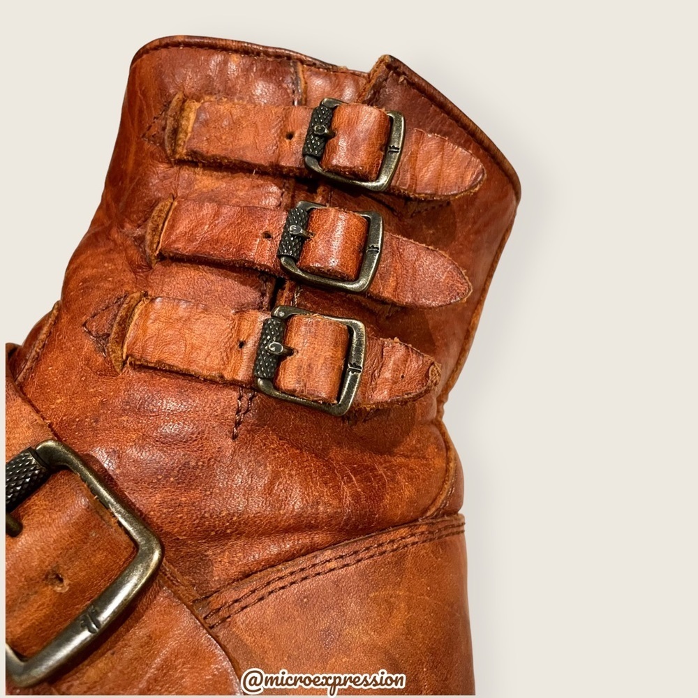 $389 Veronica Short Belted Cognac Leather Fringe Moto Vintage Combat Ankle Boot - Picture 12 of 16